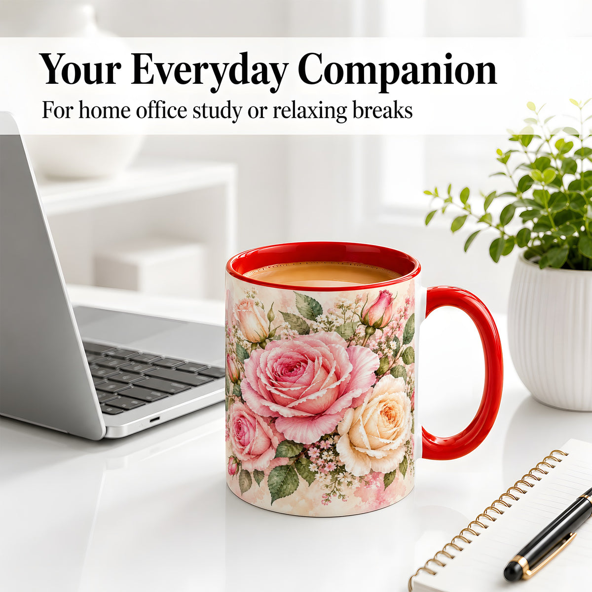 #pl[11oz|Red] Pink Rose Floral Coffee Mug, Ceramic Mug with Watercolor Artwork