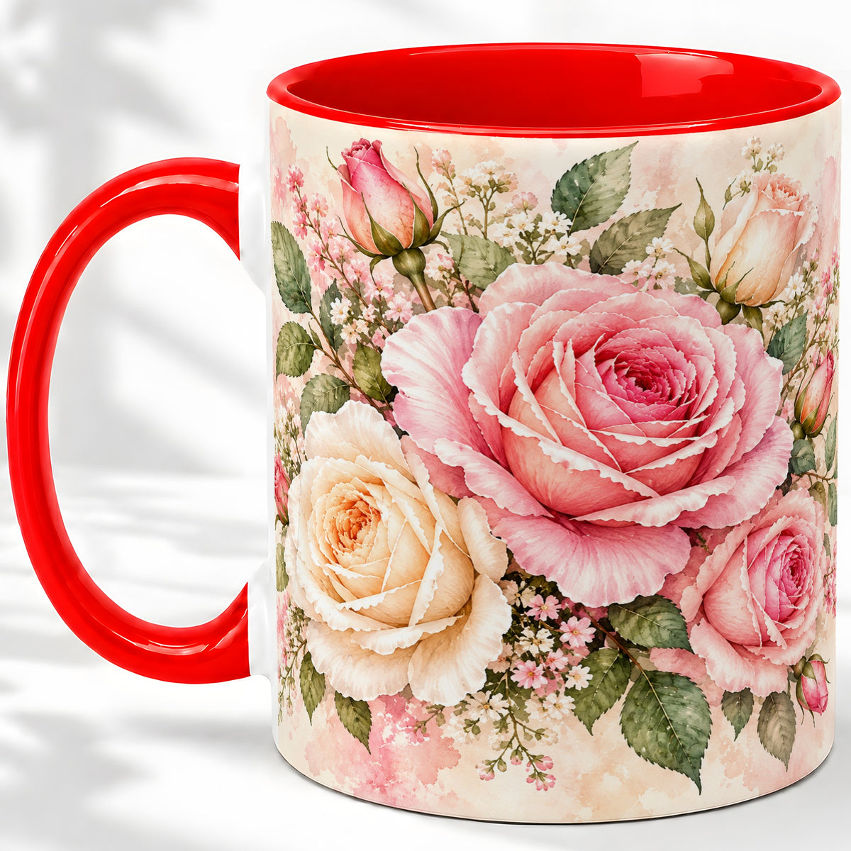 Pink Rose Floral Coffee Mug, Ceramic Mug with Watercolor Artwork