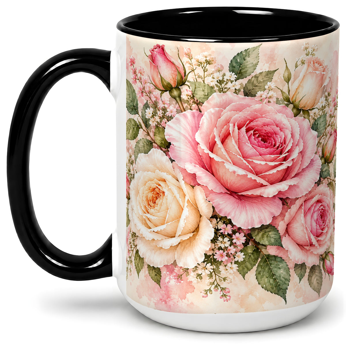 #pl[15oz|Black] Pink Rose Floral Coffee Mug, Ceramic Mug with Watercolor Artwork