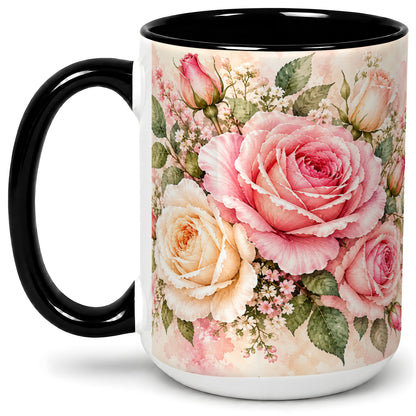 #pl[15oz|Black] Pink Rose Floral Coffee Mug, Ceramic Mug with Watercolor Artwork