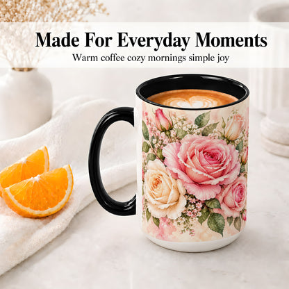 #pl[15oz|Black] Pink Rose Floral Coffee Mug, Ceramic Mug with Watercolor Artwork