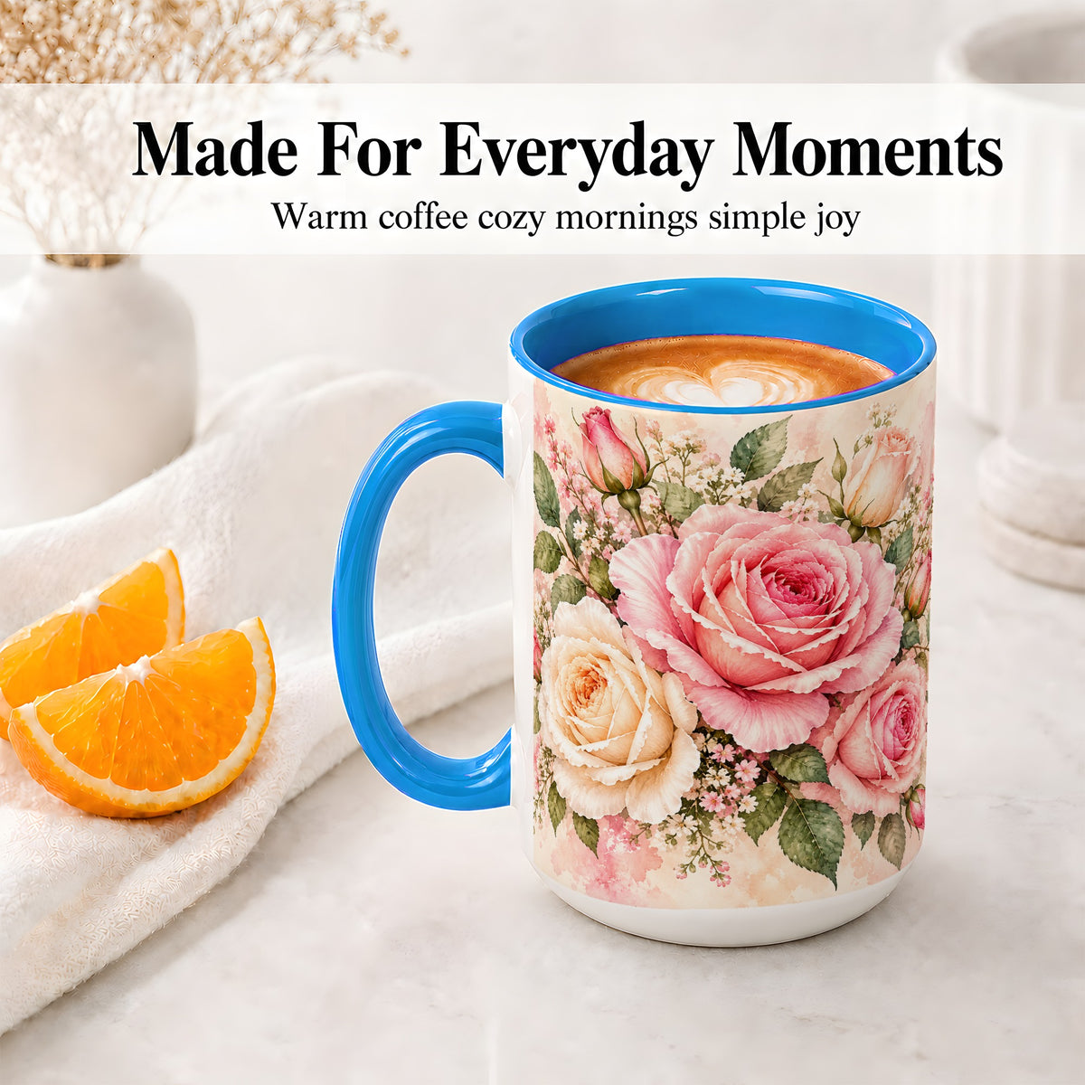 #pl[15oz|Blue] Pink Rose Floral Coffee Mug, Ceramic Mug with Watercolor Artwork
