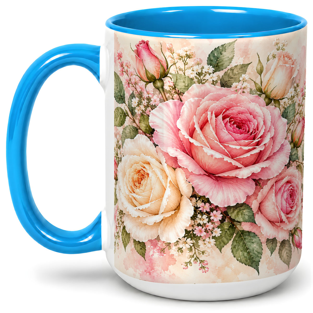 #pl[15oz|Blue] Pink Rose Floral Coffee Mug, Ceramic Mug with Watercolor Artwork