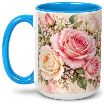 #pl[15oz|Blue] Pink Rose Floral Coffee Mug, Ceramic Mug with Watercolor Artwork