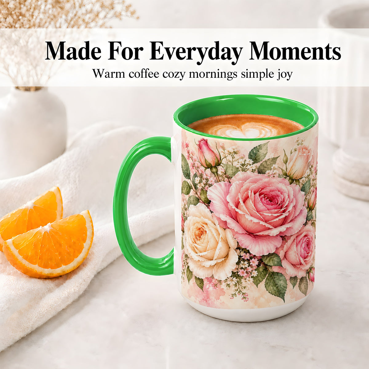 #pl[15oz|Green] Pink Rose Floral Coffee Mug, Ceramic Mug with Watercolor Artwork