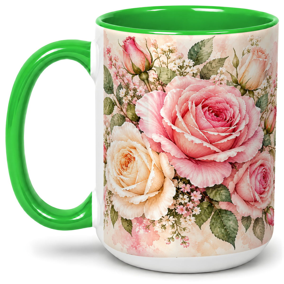 #pl[15oz|Green] Pink Rose Floral Coffee Mug, Ceramic Mug with Watercolor Artwork