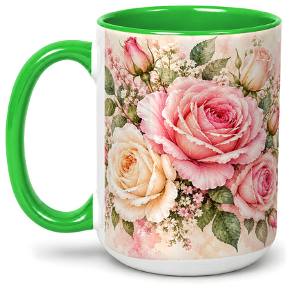 #pl[15oz|Green] Pink Rose Floral Coffee Mug, Ceramic Mug with Watercolor Artwork