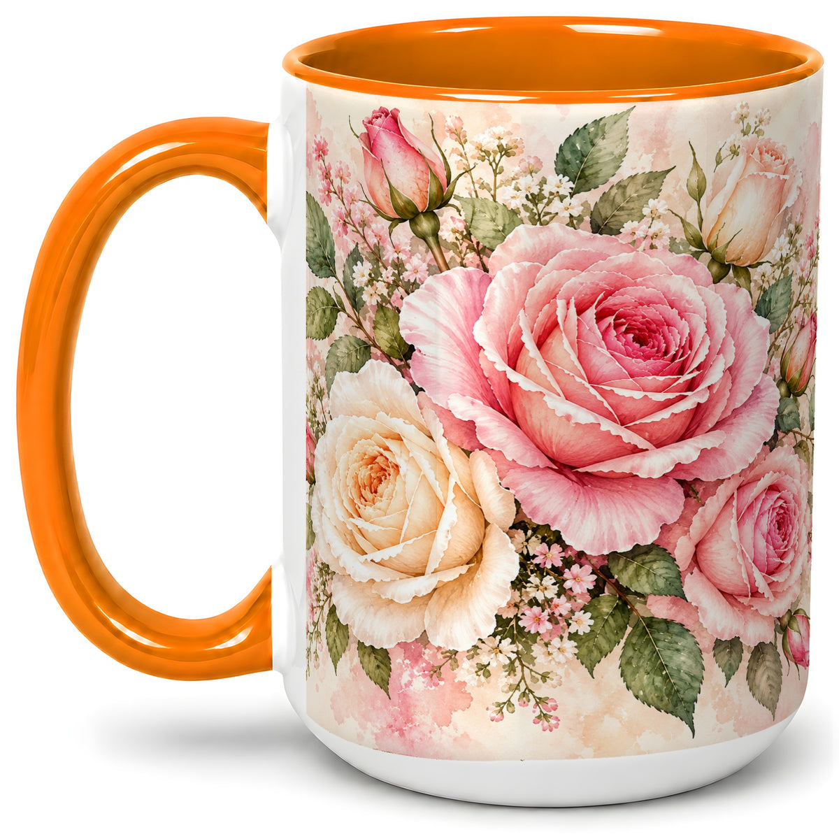 #pl[15oz|Orange] Pink Rose Floral Coffee Mug, Ceramic Mug with Watercolor Artwork