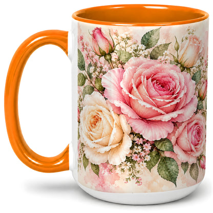 #pl[15oz|Orange] Pink Rose Floral Coffee Mug, Ceramic Mug with Watercolor Artwork
