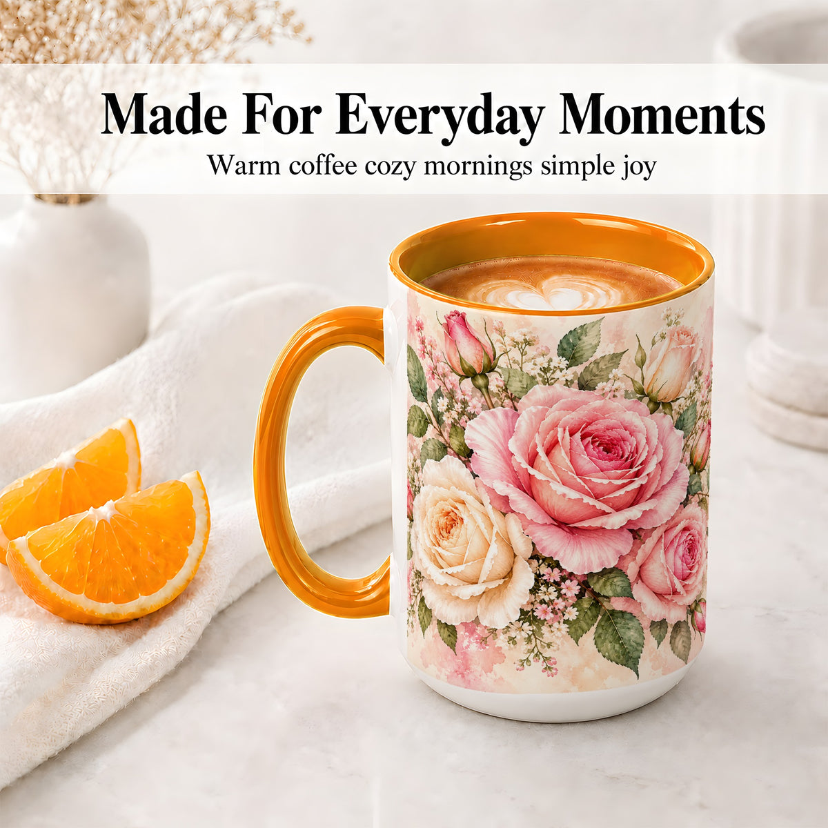 #pl[15oz|Orange] Pink Rose Floral Coffee Mug, Ceramic Mug with Watercolor Artwork
