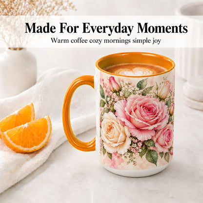 #pl[15oz|Orange] Pink Rose Floral Coffee Mug, Ceramic Mug with Watercolor Artwork