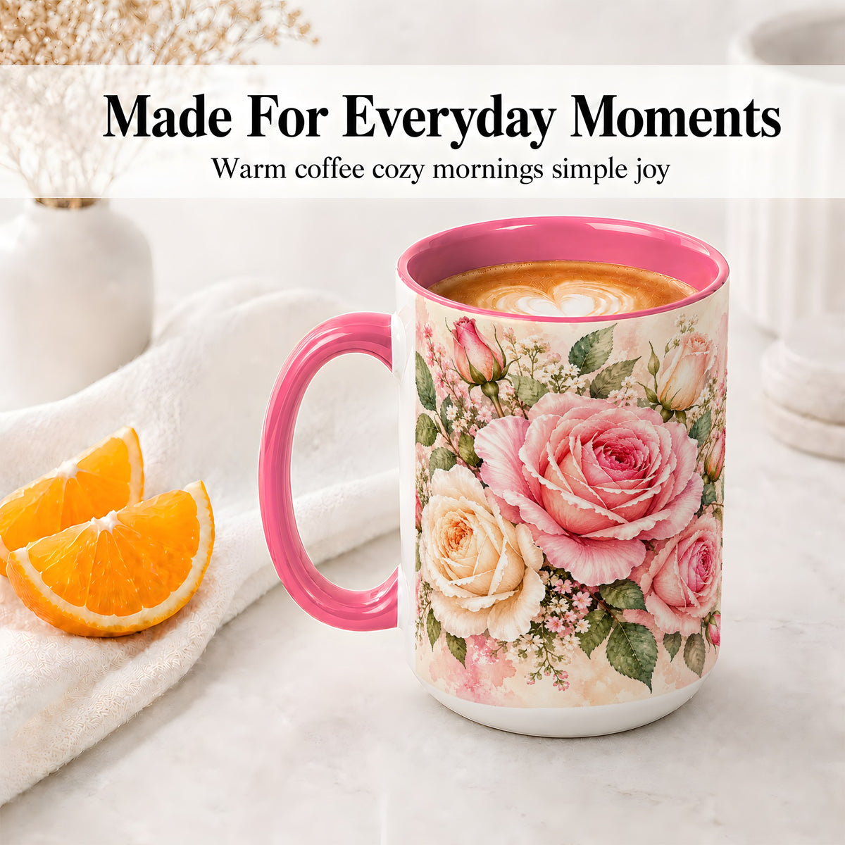#pl[15oz|Pink] Pink Rose Floral Coffee Mug, Ceramic Mug with Watercolor Artwork