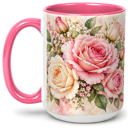 #pl[15oz|Pink] Pink Rose Floral Coffee Mug, Ceramic Mug with Watercolor Artwork