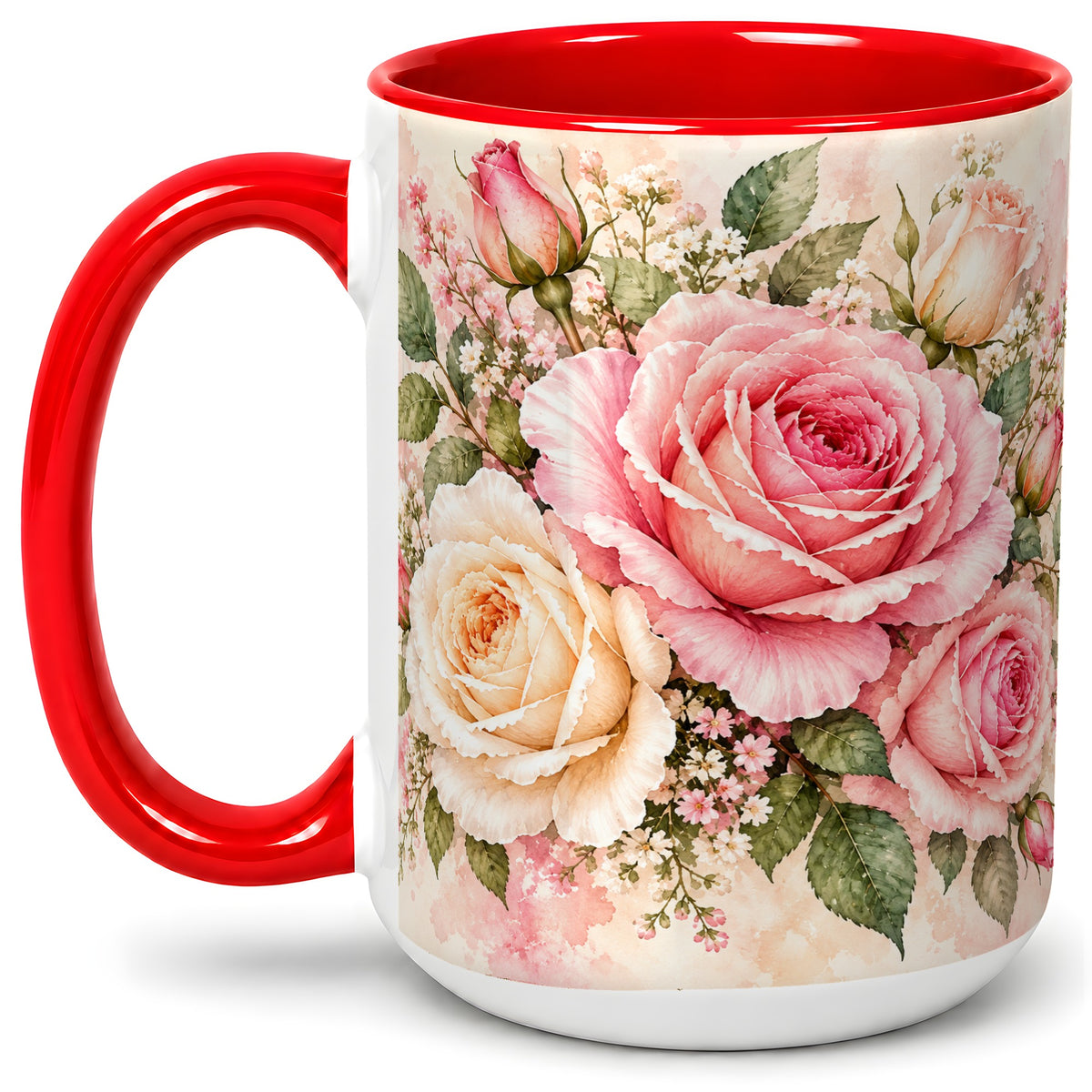#pl[15oz|Red] Pink Rose Floral Coffee Mug, Ceramic Mug with Watercolor Artwork