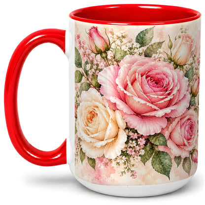 #pl[15oz|Red] Pink Rose Floral Coffee Mug, Ceramic Mug with Watercolor Artwork