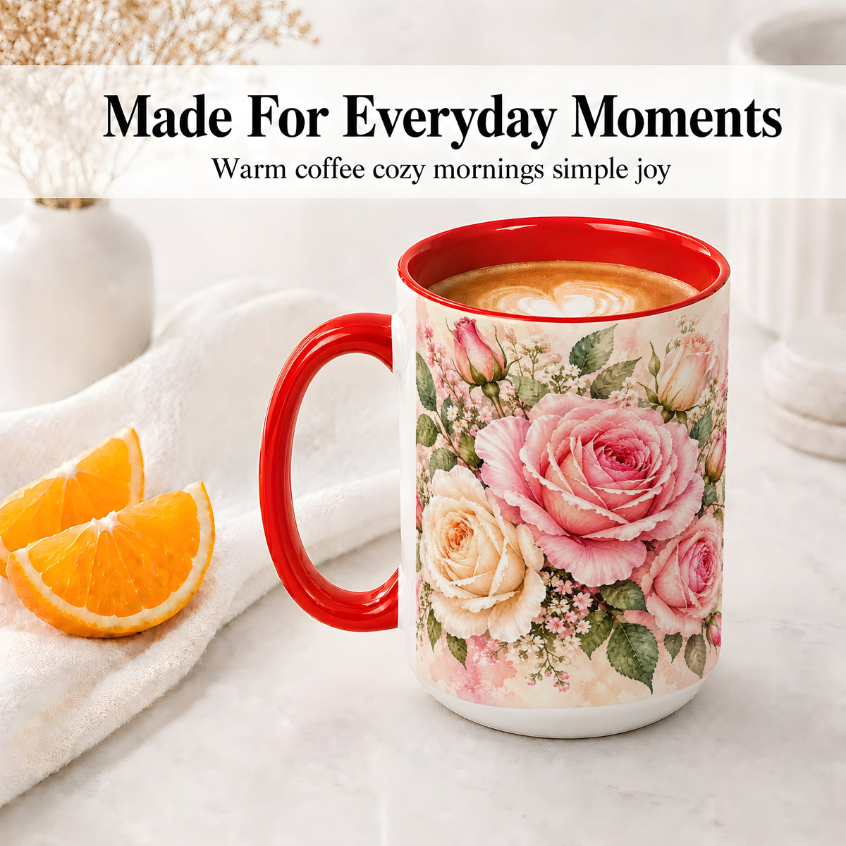 #pl[15oz|Red] Pink Rose Floral Coffee Mug, Ceramic Mug with Watercolor Artwork
