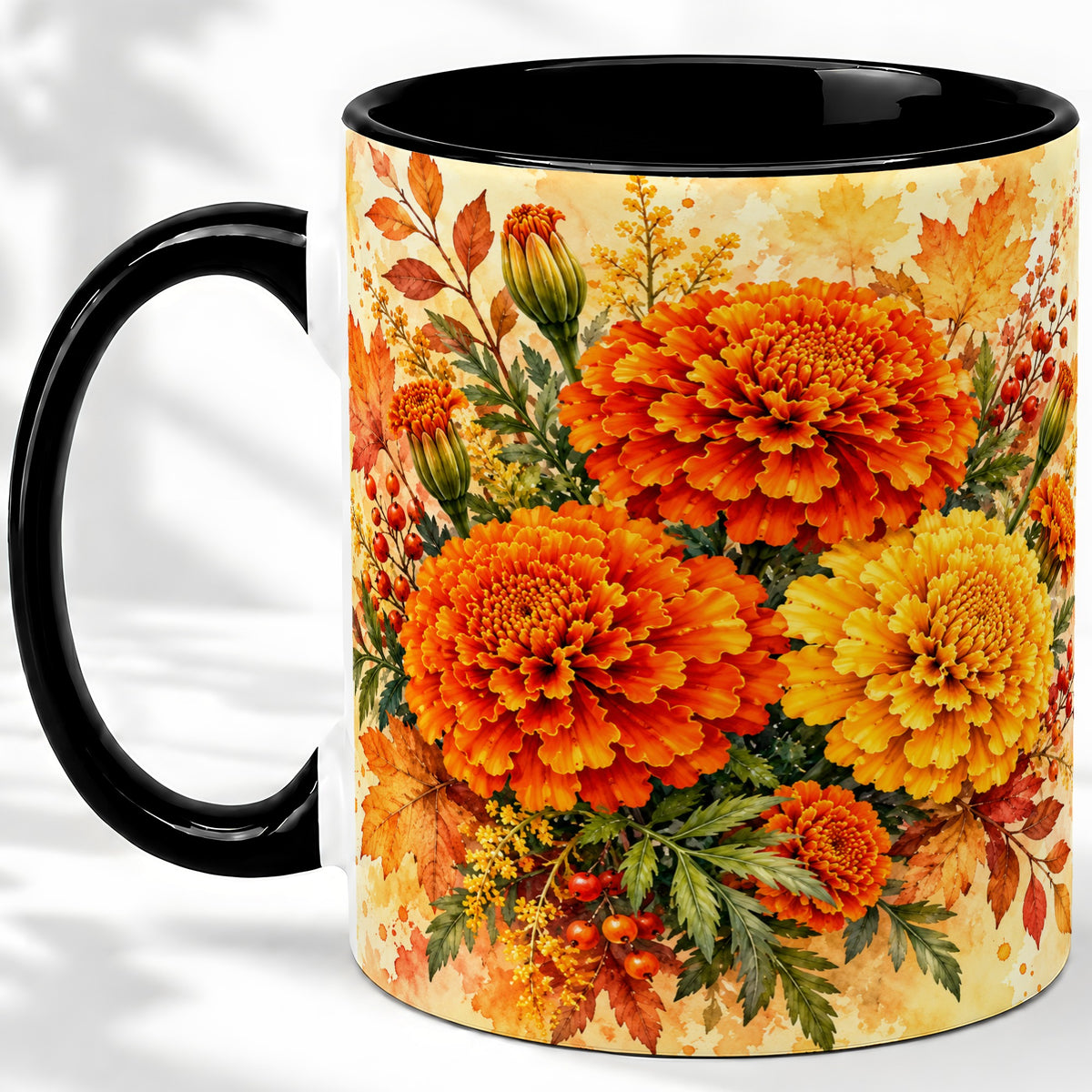 #pl[11oz|Black] Autumn Marigold Coffee Mug, Ceramic Mug with Fall Floral Artwork