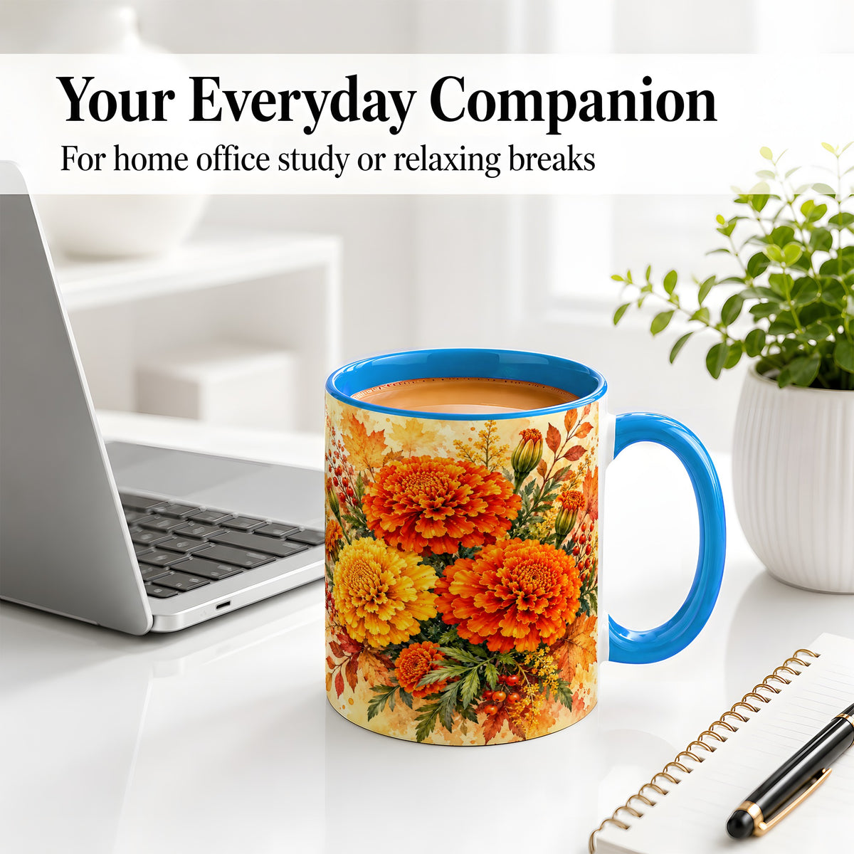 #pl[11oz|Blue] Autumn Marigold Coffee Mug, Ceramic Mug with Fall Floral Artwork