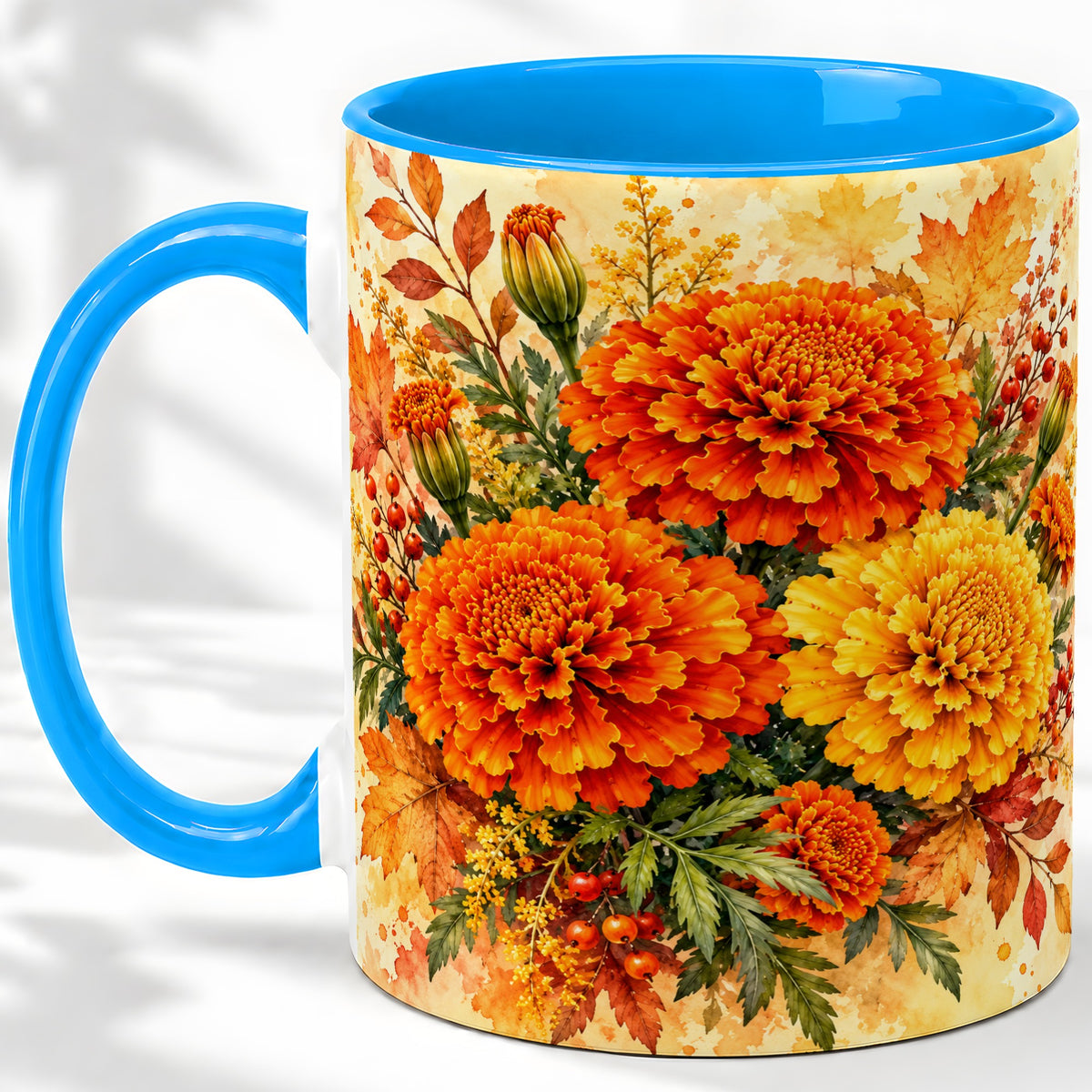#pl[11oz|Blue] Autumn Marigold Coffee Mug, Ceramic Mug with Fall Floral Artwork