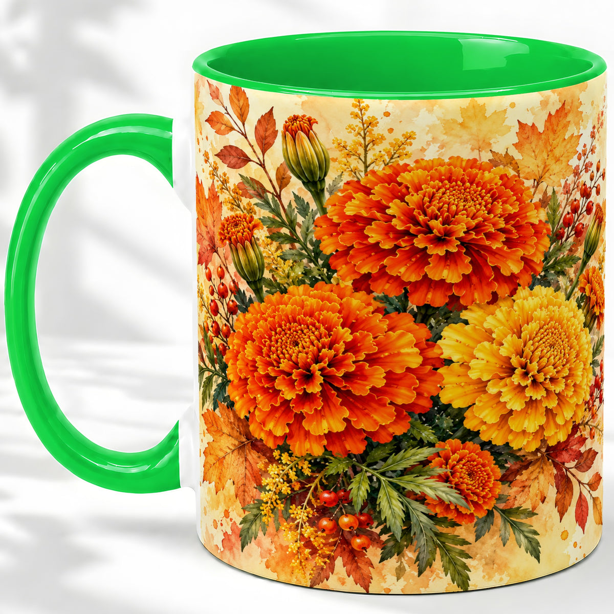 #pl[11oz|Green] Autumn Marigold Coffee Mug, Ceramic Mug with Fall Floral Artwork