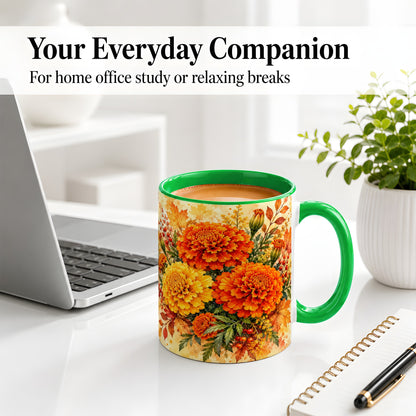 #pl[11oz|Green] Autumn Marigold Coffee Mug, Ceramic Mug with Fall Floral Artwork