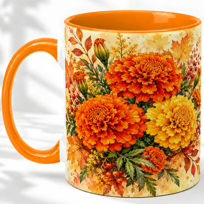 #pl[11oz|Orange] Autumn Marigold Coffee Mug, Ceramic Mug with Fall Floral Artwork