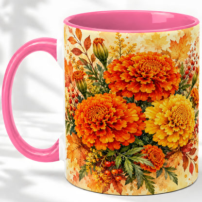 #pl[11oz|Pink] Autumn Marigold Coffee Mug, Ceramic Mug with Fall Floral Artwork