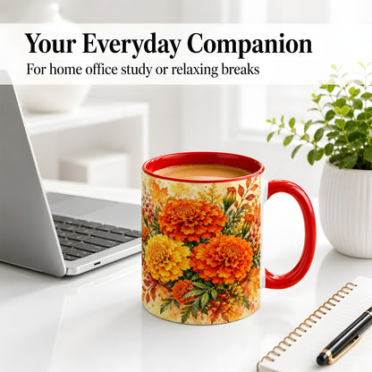 #pl[11oz|Red] Autumn Marigold Coffee Mug, Ceramic Mug with Fall Floral Artwork