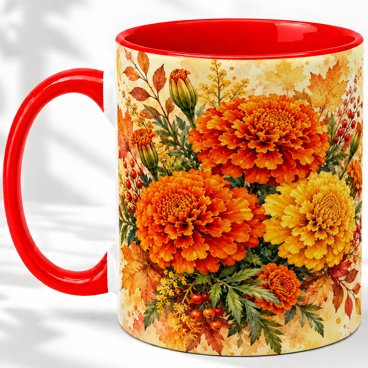 Autumn Marigold Coffee Mug, Ceramic Mug with Fall Floral Artwork