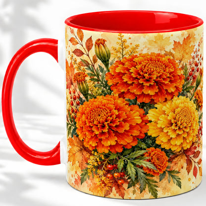 Autumn Marigold Coffee Mug, Ceramic Mug with Fall Floral Artwork