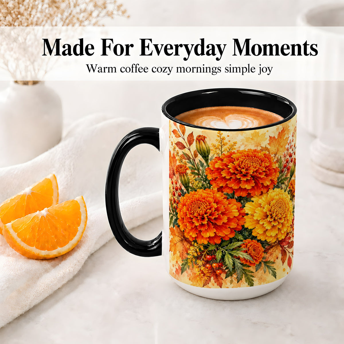 #pl[15oz|Black] Autumn Marigold Coffee Mug, Ceramic Mug with Fall Floral Artwork