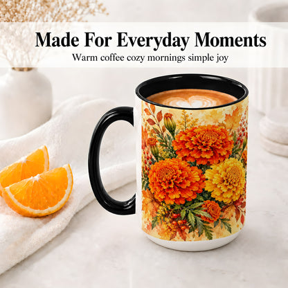 #pl[15oz|Black] Autumn Marigold Coffee Mug, Ceramic Mug with Fall Floral Artwork