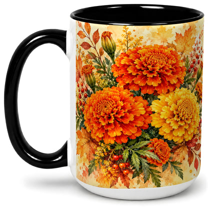#pl[15oz|Black] Autumn Marigold Coffee Mug, Ceramic Mug with Fall Floral Artwork