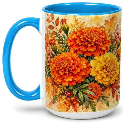 #pl[15oz|Blue] Autumn Marigold Coffee Mug, Ceramic Mug with Fall Floral Artwork