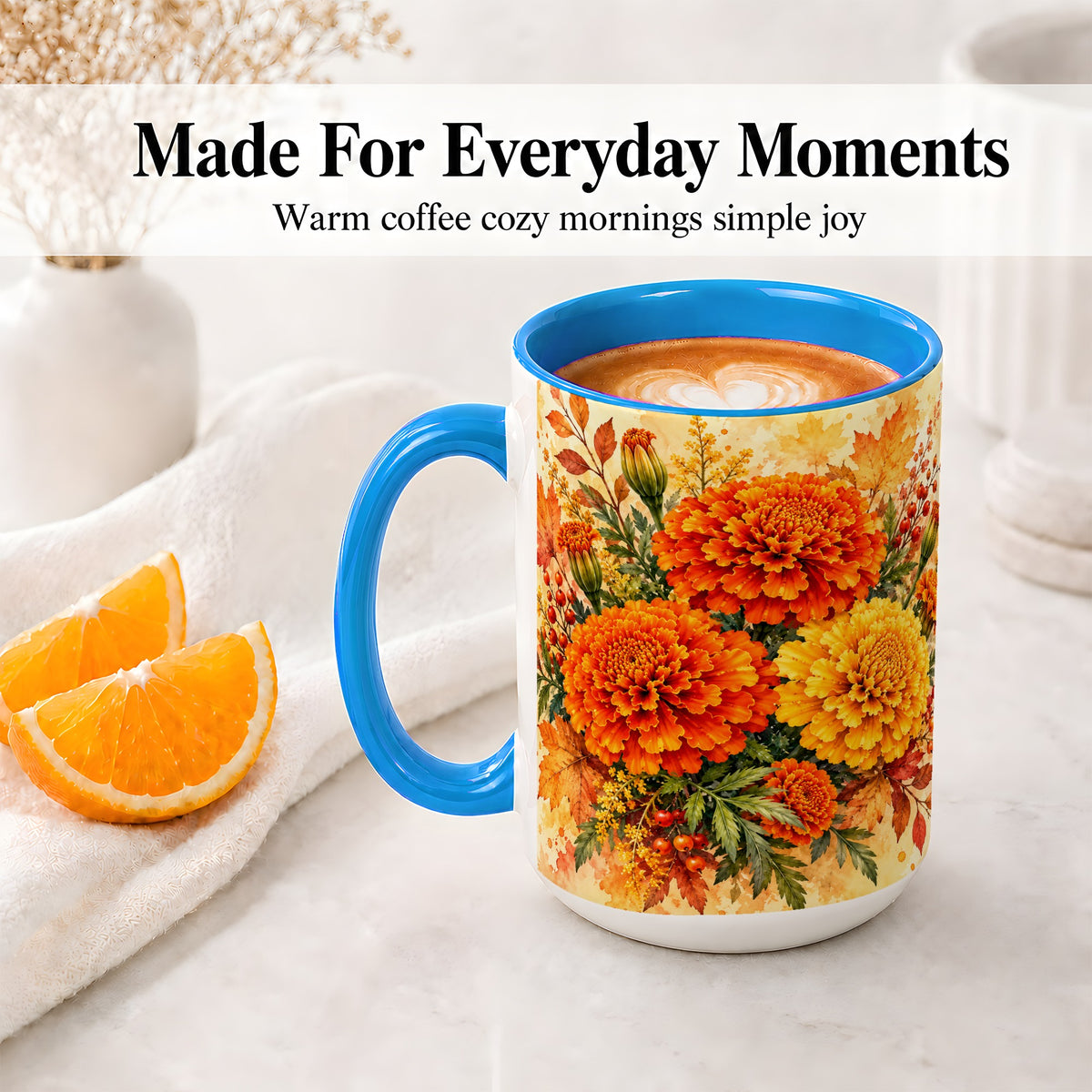 #pl[15oz|Blue] Autumn Marigold Coffee Mug, Ceramic Mug with Fall Floral Artwork