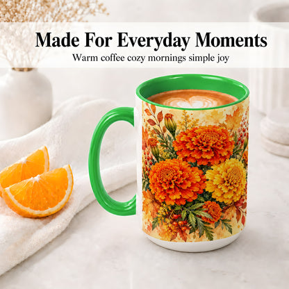 #pl[15oz|Green] Autumn Marigold Coffee Mug, Ceramic Mug with Fall Floral Artwork
