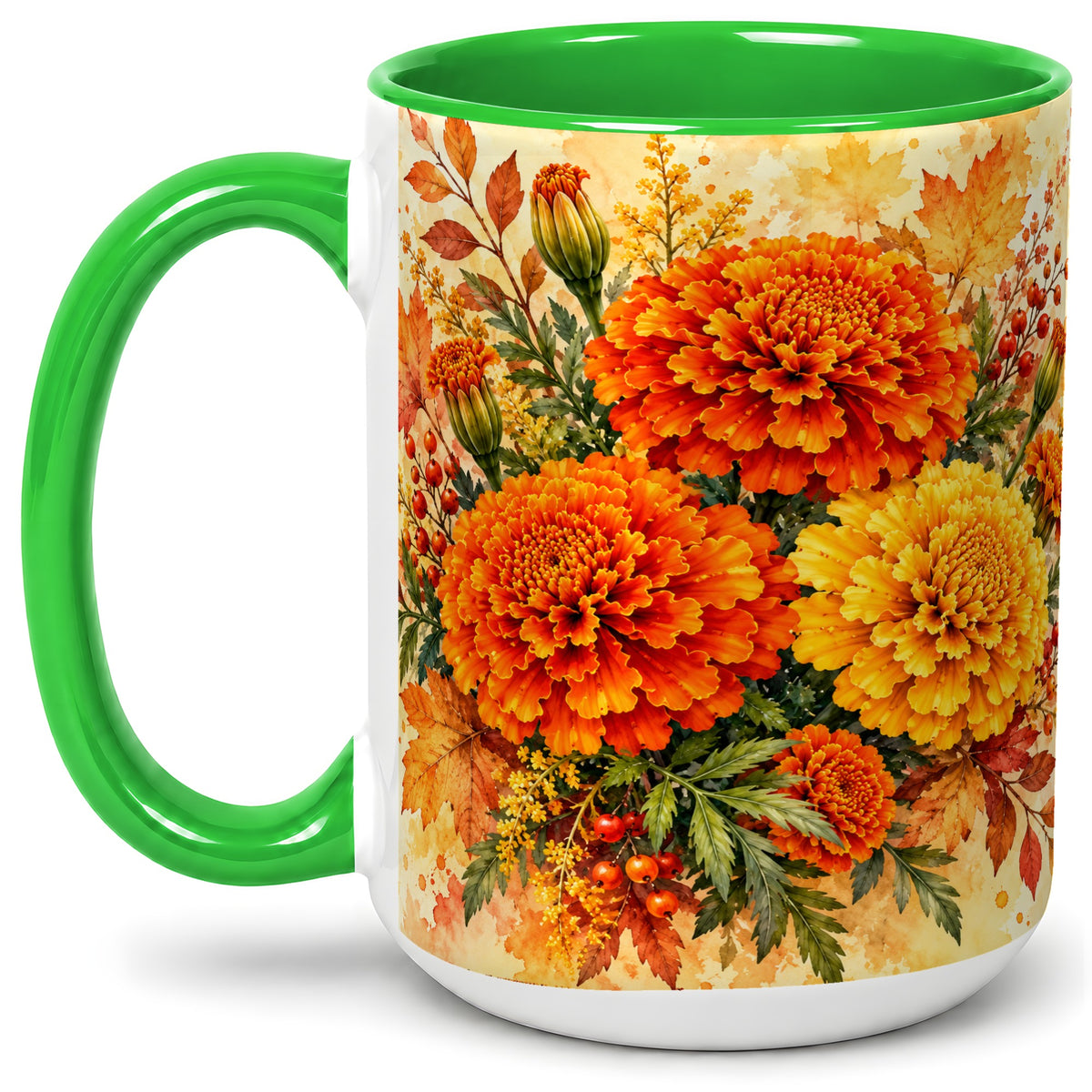 #pl[15oz|Green] Autumn Marigold Coffee Mug, Ceramic Mug with Fall Floral Artwork