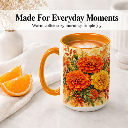 #pl[15oz|Orange] Autumn Marigold Coffee Mug, Ceramic Mug with Fall Floral Artwork