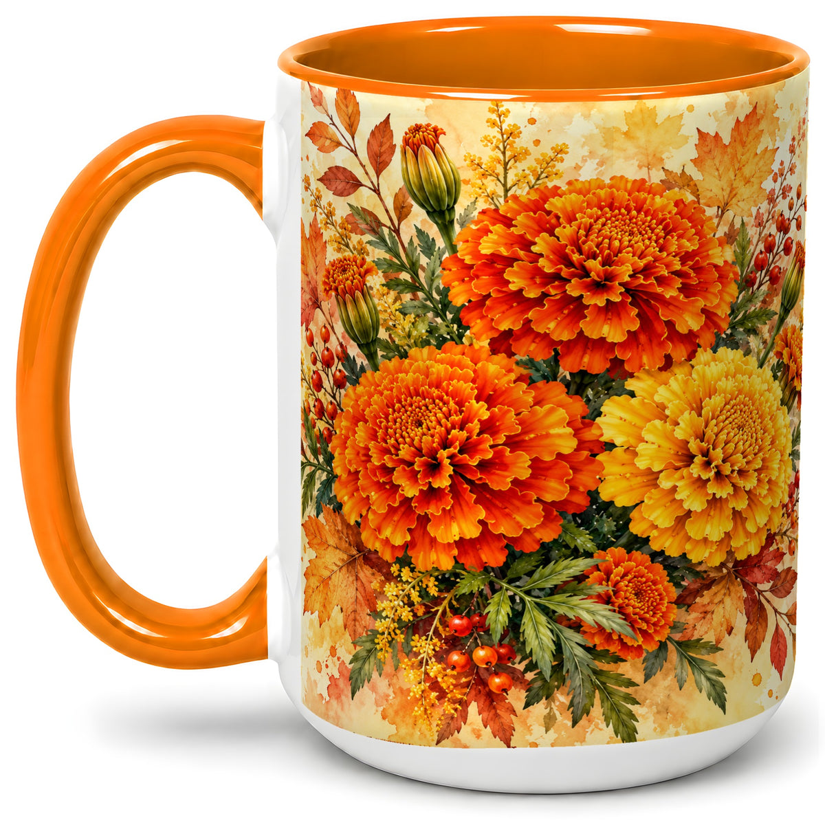#pl[15oz|Orange] Autumn Marigold Coffee Mug, Ceramic Mug with Fall Floral Artwork