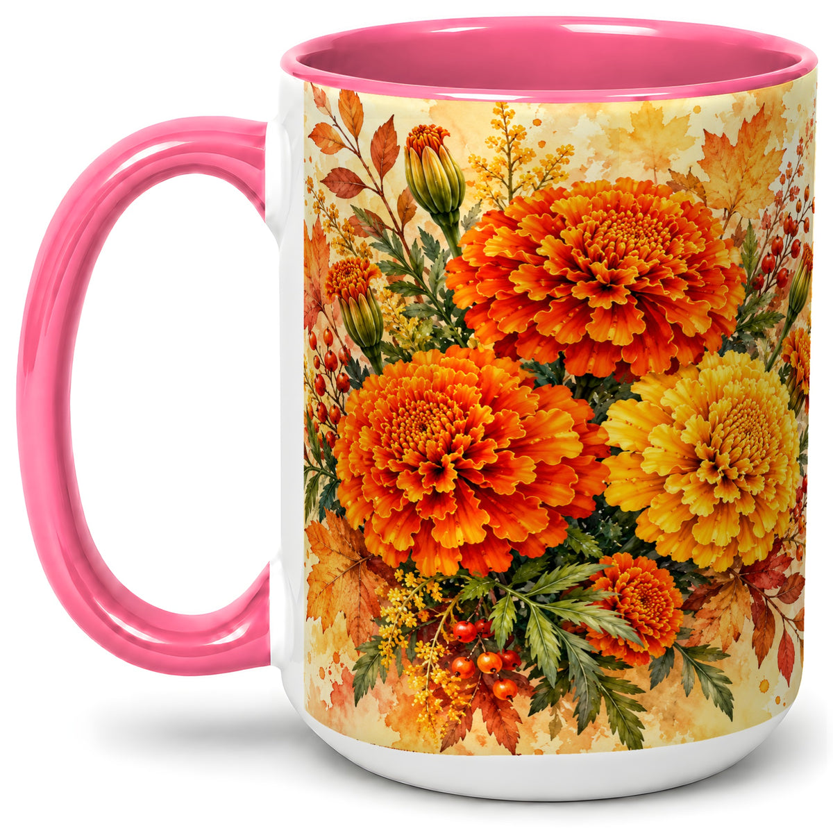 #pl[15oz|Pink] Autumn Marigold Coffee Mug, Ceramic Mug with Fall Floral Artwork