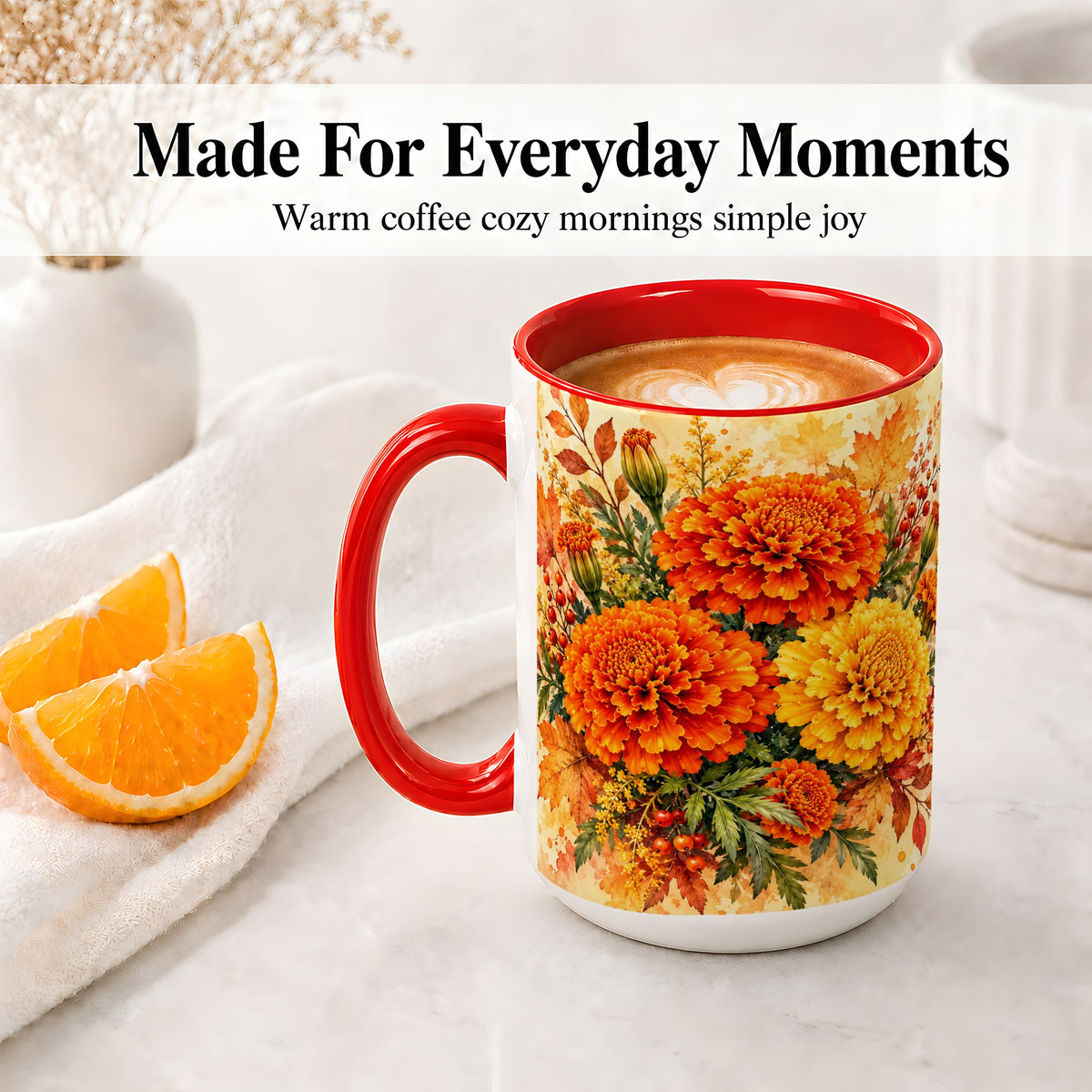 #pl[15oz|Red] Autumn Marigold Coffee Mug, Ceramic Mug with Fall Floral Artwork