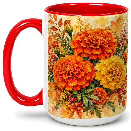 #pl[15oz|Red] Autumn Marigold Coffee Mug, Ceramic Mug with Fall Floral Artwork