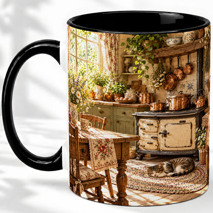 #pl[11oz|Black] Cottage Cat Coffee Mug, Ceramic Mug with Rustic Kitchen Artwork