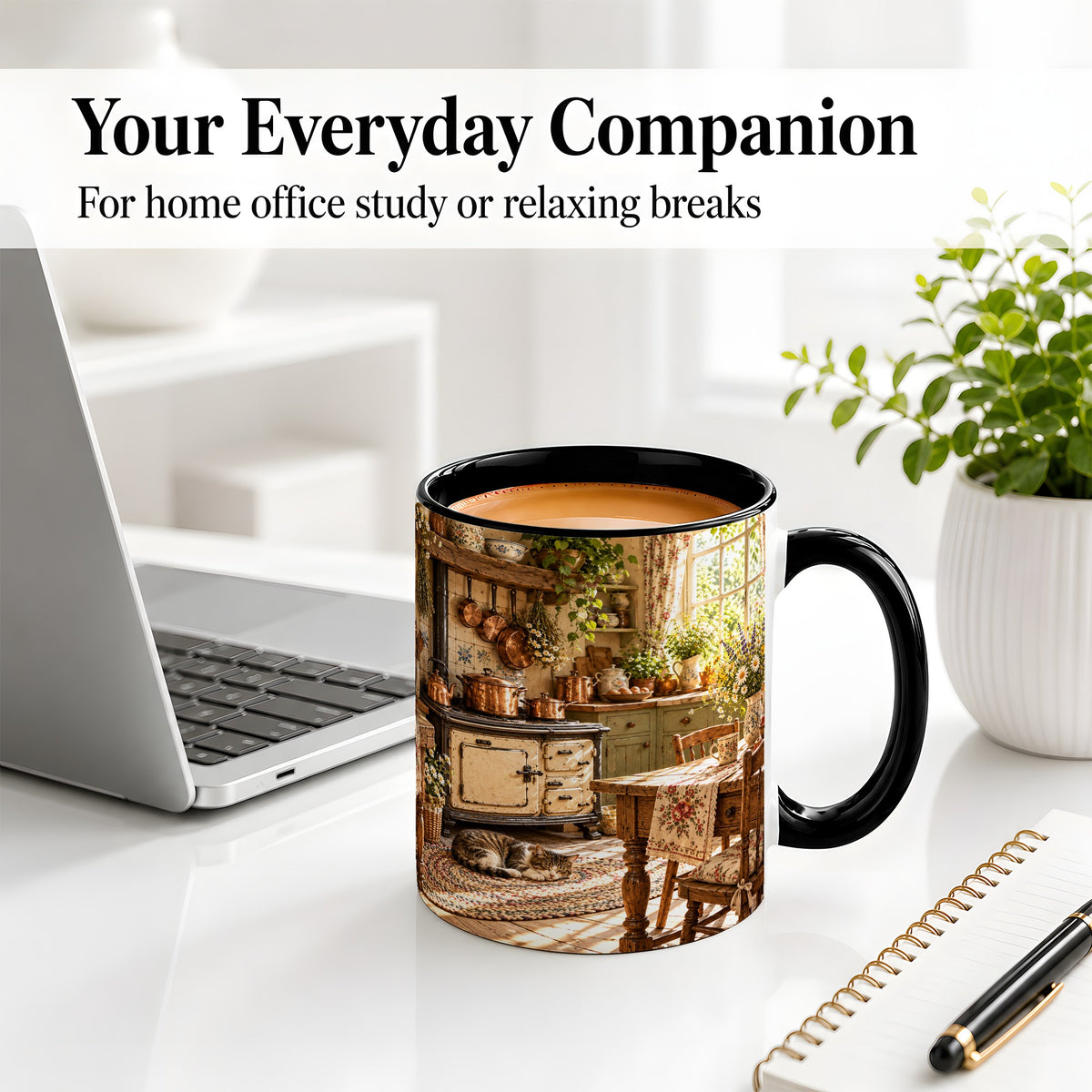 #pl[11oz|Black] Cottage Cat Coffee Mug, Ceramic Mug with Rustic Kitchen Artwork