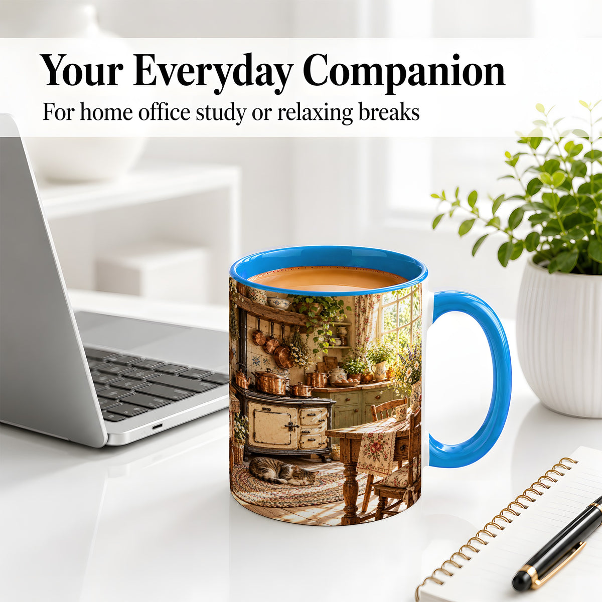 #pl[11oz|Blue] Cottage Cat Coffee Mug, Ceramic Mug with Rustic Kitchen Artwork