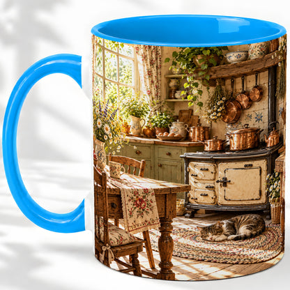 #pl[11oz|Blue] Cottage Cat Coffee Mug, Ceramic Mug with Rustic Kitchen Artwork