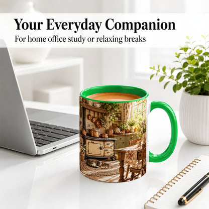 #pl[11oz|Green] Cottage Cat Coffee Mug, Ceramic Mug with Rustic Kitchen Artwork