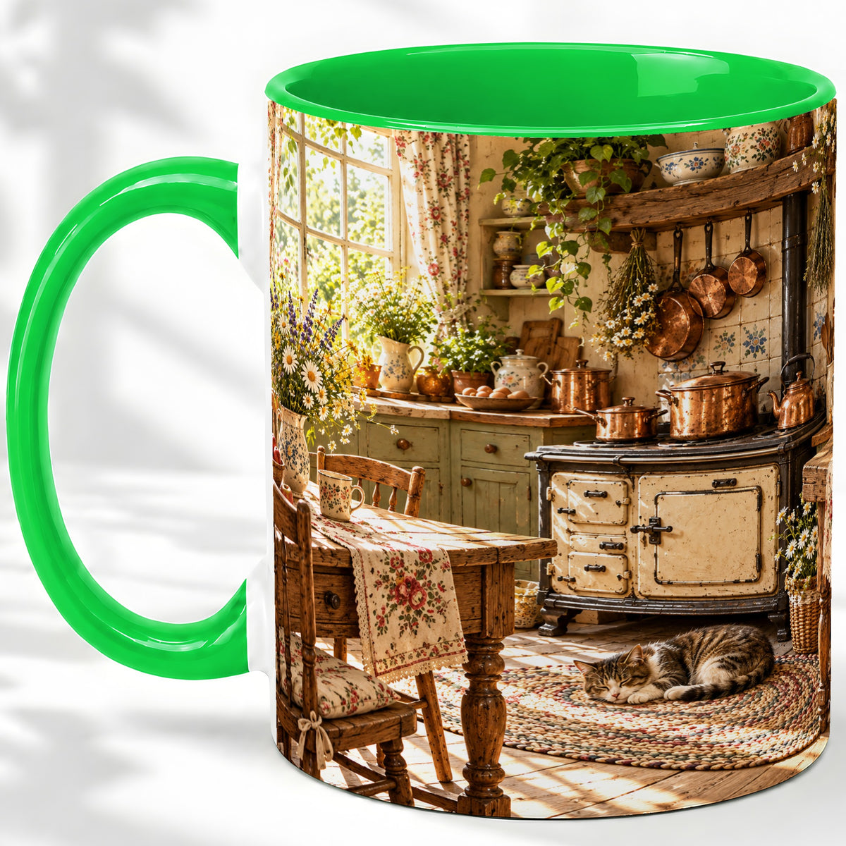#pl[11oz|Green] Cottage Cat Coffee Mug, Ceramic Mug with Rustic Kitchen Artwork