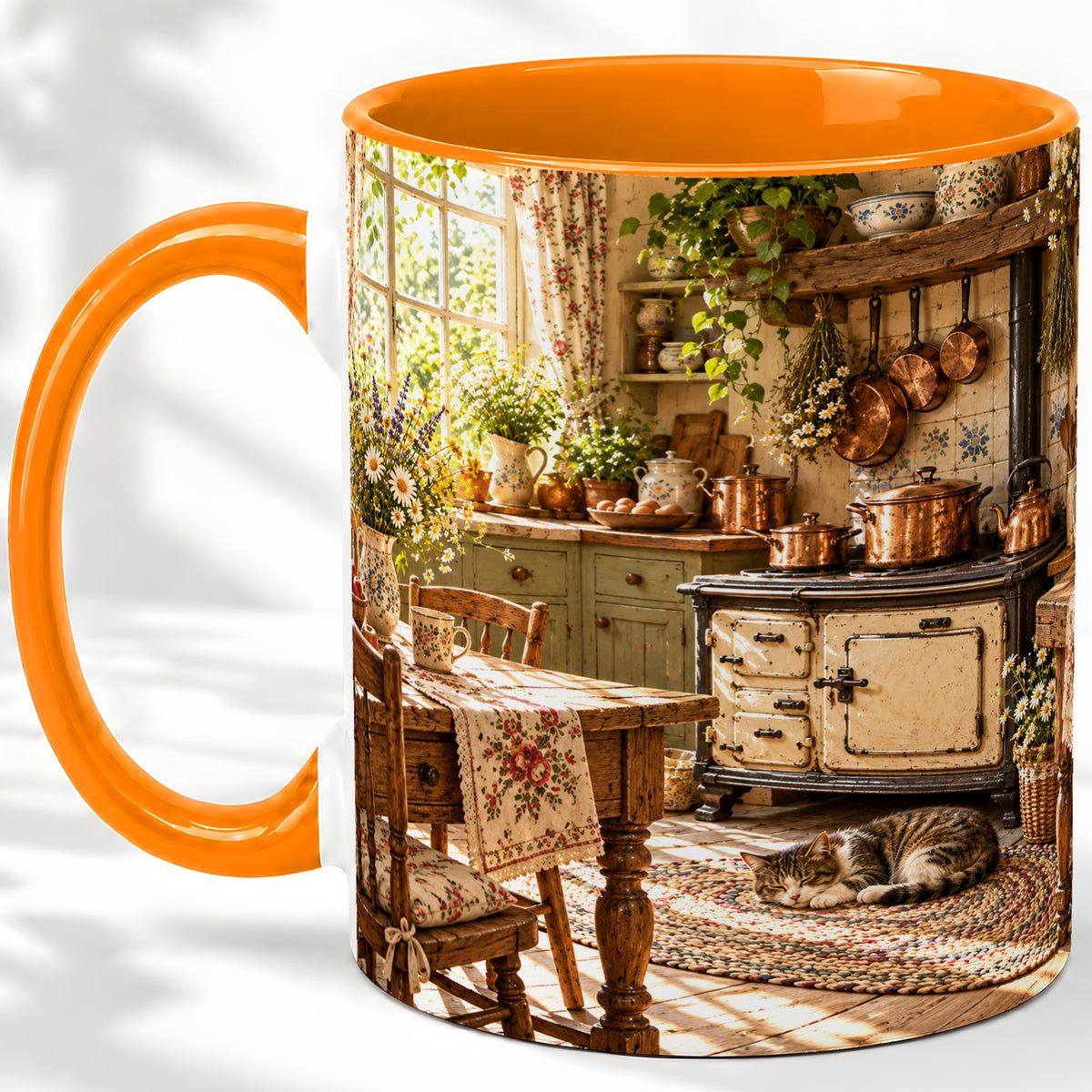 #pl[11oz|Orange] Cottage Cat Coffee Mug, Ceramic Mug with Rustic Kitchen Artwork