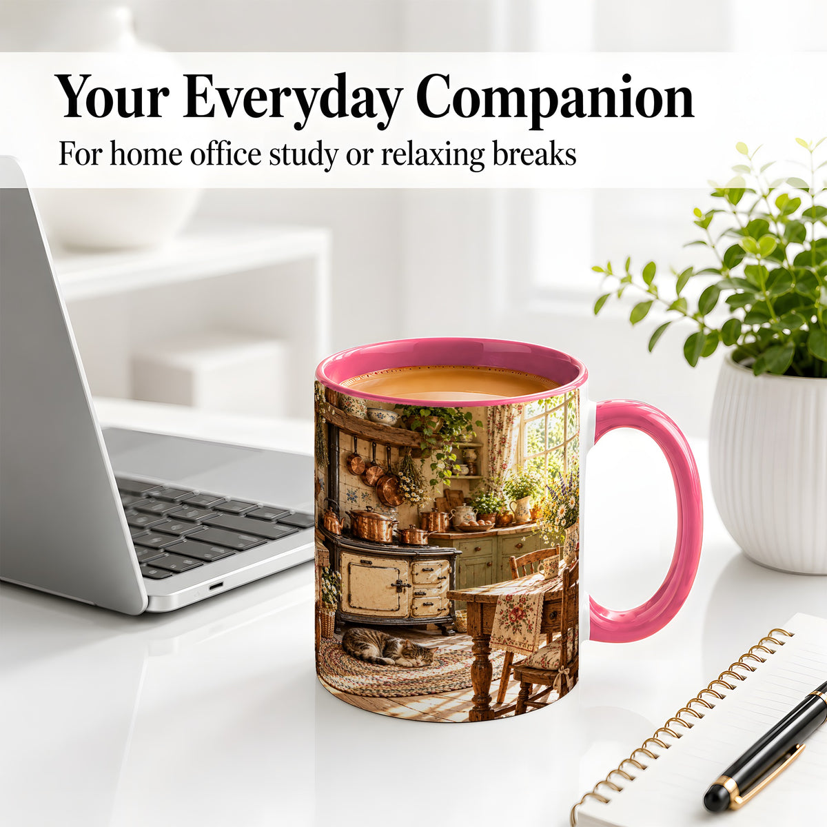#pl[11oz|Pink] Cottage Cat Coffee Mug, Ceramic Mug with Rustic Kitchen Artwork